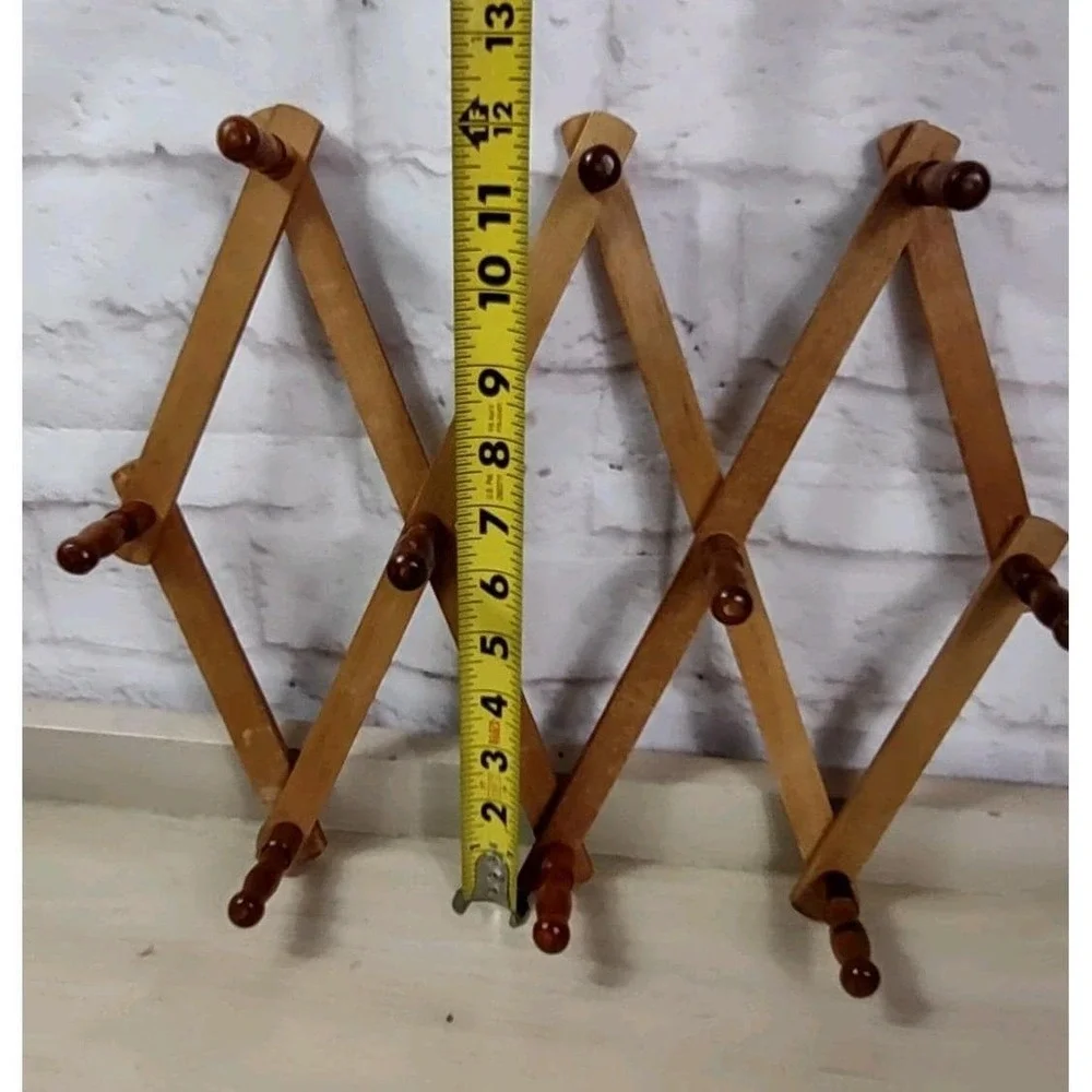 Vintage Wood Accordion Folding Peg Rack 10 Hook Expandable Wall Mug Hat Jewelry